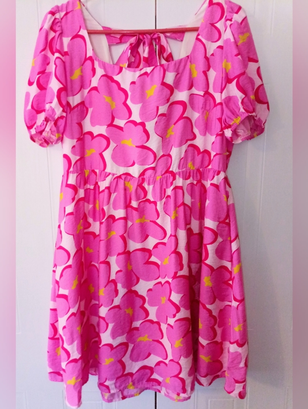 Pink Floral Babydoll Dress XL Puff Sleeve Tie Back Cottagecore Barbiecore
